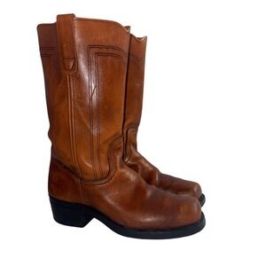 Vintage Landis Western Boots Men 8.5 Tan Brown Leather Square Toe USA made